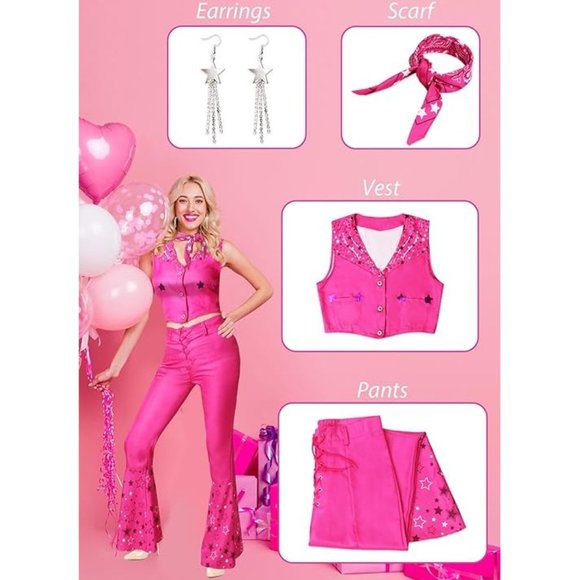 NWT Adorable Barbie Movie Pink Box Gingham Plaid Dress Cowboy Halloween Costumes - Picture 4 of 16
